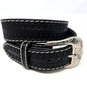 TWISTED X BELTS BLACK TOOLED LEATHER BELT SILVER BUCKLE UNISEX MEN SIZE 32